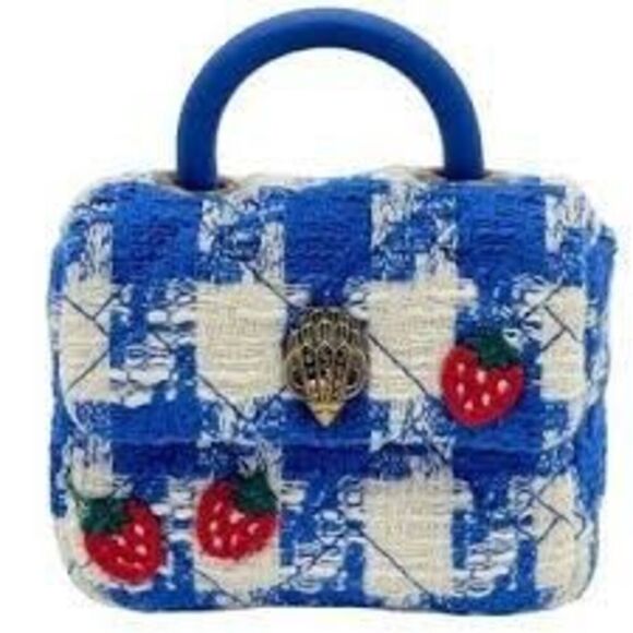Kurt Geiger Mini Handle Kensington Bag Blue Tweed Plaid Strawberry Print Kawaii - Picture 1 of 14